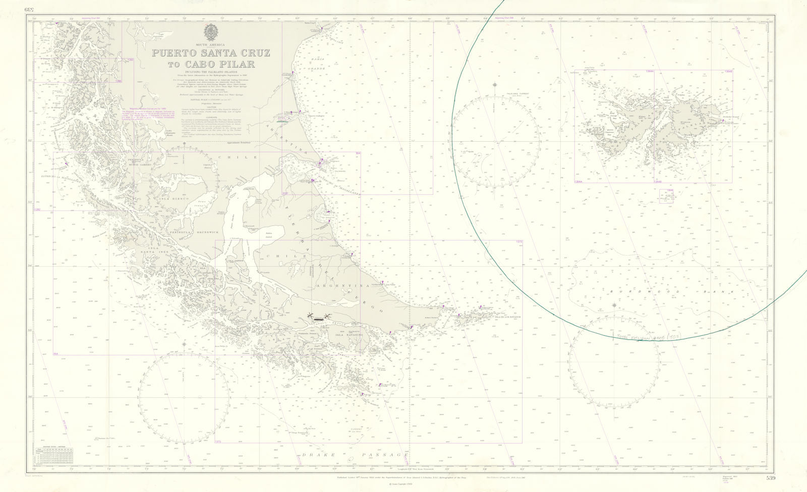 South America & Falklands war exclusion zone chart HMS Glamorgan 1966 (1982) map